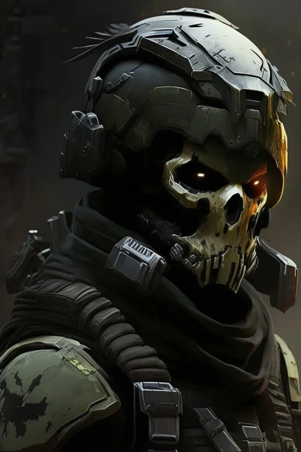 A soldier in the game Titan Fall 2 , he wears a BLACK skull helmet that covers his face, the helmet looks like a skull and is black, he is a rifleman, and his callsign is Titan. His colors are black and dark olive