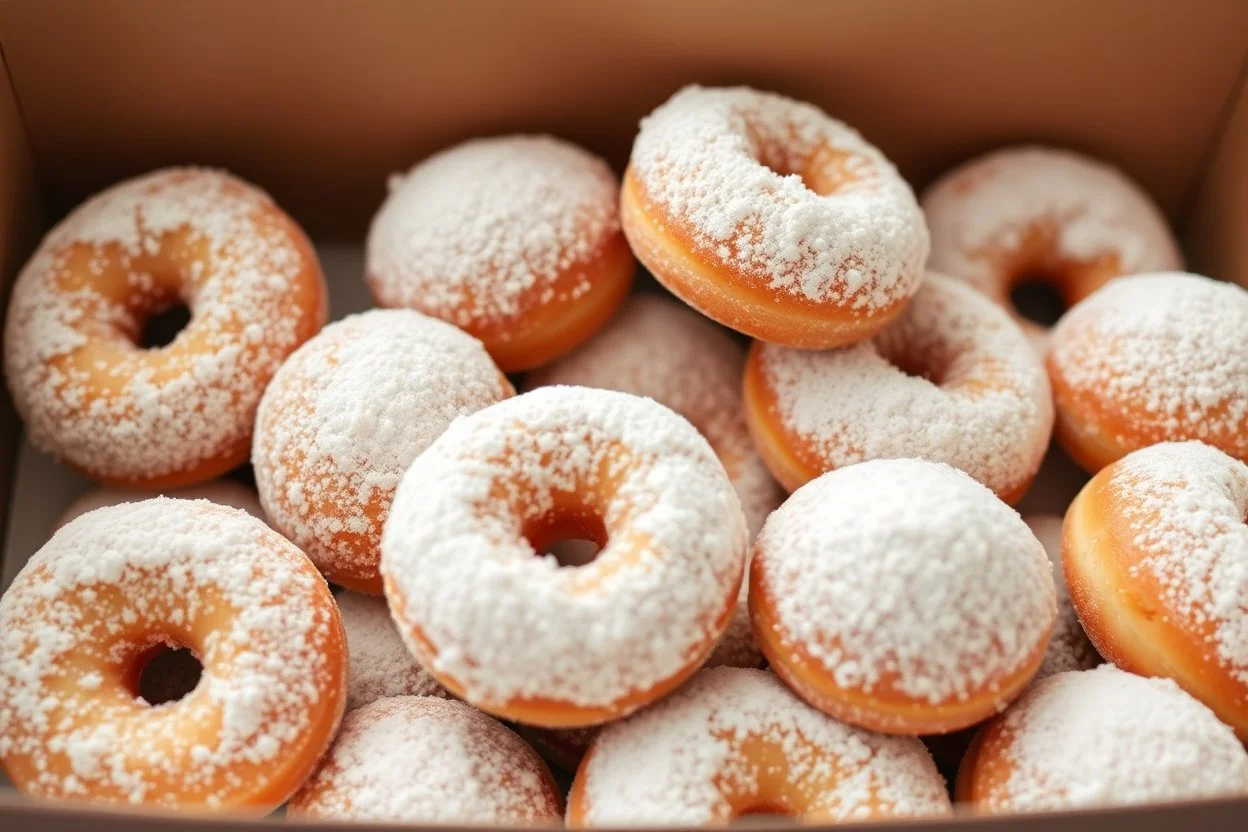 a box of fresh old-fashioned mini doughnuts completely covered in powdered sugar