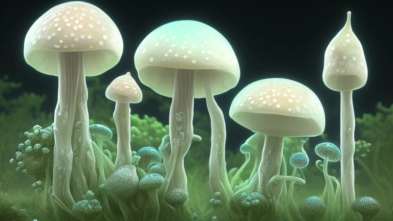 tall narrow delicate detailed mushrooms, with umbrella caps, phosphorescence glowing in the night