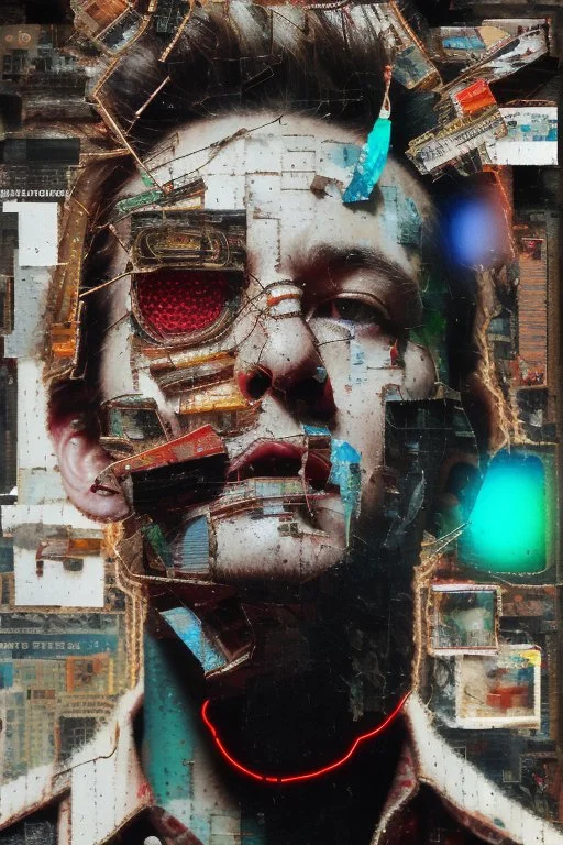 Ultra detailed medium portrait painting of close-up image of crazy person looking in the camera lens , torn up collage of clippings, broken circuitry background, matrix effects, punk visual art, punk art aesthetic, graffiti art, pop surrealism, collage art, cluttered paint glitches