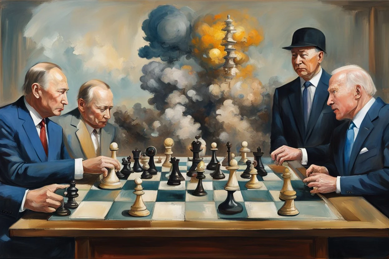 Putin, President Xi Of China And Joe Biden Play Chess With Atomic Bomb Mushroom Cloud,Complex Surgical Instruments Intermixed With A Newborn Boy,Minimalism,Painting By Adrian Ghenie,Rene Magritte,Pablo Picasso,Michelangelo,Salvador Dali,Lucian Freud