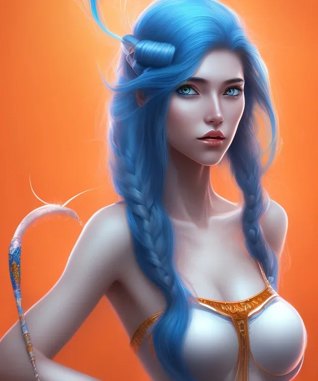 human kingfisher girl with blue hair and orange strand of hair