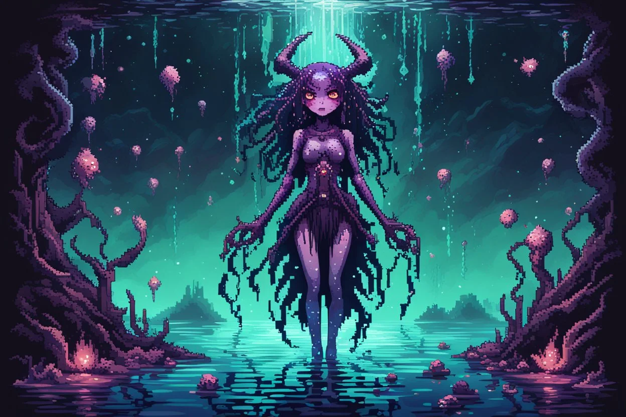 Demon girl wizard behind, cosmic horror, nightmare, galaxy in eyes with dread, truth, alien underwater, fullbody, 8bits, pixel art,