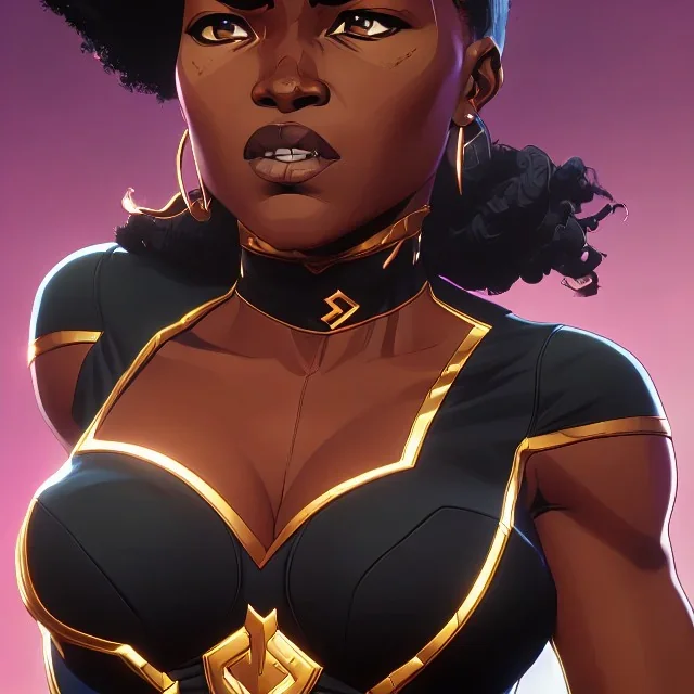 Black woman super hero,FEMININE,((PERFECT FACE)),((SEXY FACE)),((DETAILED PUPILS))(perfect body) (comic-book),ARTIST,ARTIST,(Alex ross). photorealistic. (((LARGE BREAST)),((TONED ABS)),(THICK THIGH).EVOCATIVE POSE, SMIRK,LOOK AT VIEWER, ((BLOUSE)).(INTRICATE),(HIGH DETAIL),SHARP, hyper real