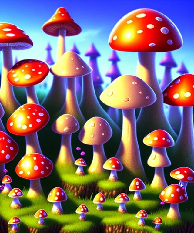 A small and colourful mushroom village, medevil fantasy