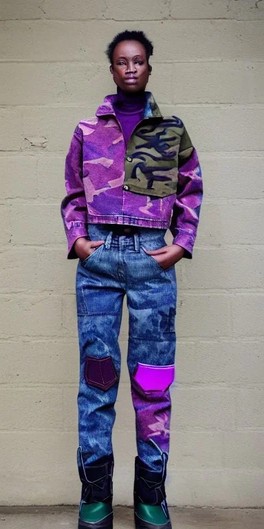 Model, woman. sérigraphie on denim with purple, lilac, forest green, khaki and crimson red colors. Camouflage patterns are screen printed on denim. Woman in her 30's. thick thighs, thick calves, flat belly, wide hip. Mantle made of recycled Denim by sewing. Sewed camouflage patterns together. Big bright purple and blue felt pieces makes mantle, which is merged with satchel. purple tippet and cream-colored-hood. AKG headphones is merged with small felt cap with small visor. Haute Couture 1990's