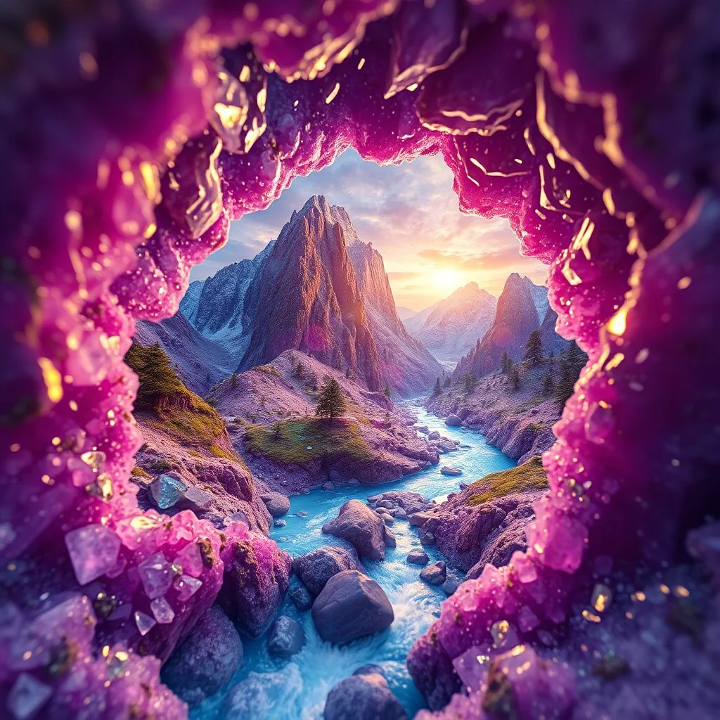 Double exposure world inside a fantastical hollow geode cutaway, magical gemstone mountain which flows a river made of melted sparkling sapphires, gemstone landscape, colorful, HD