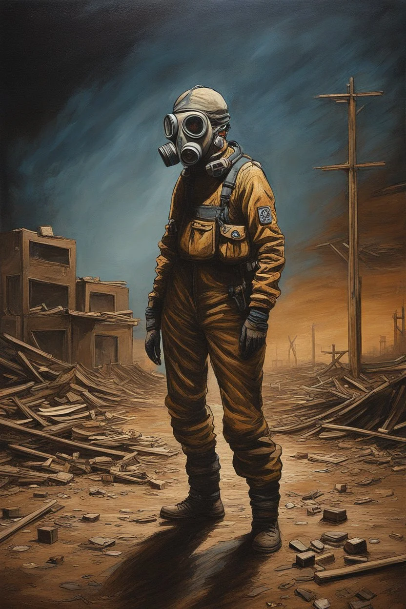 a mesmerizing post-apocalyptic world, the sky filled with stars at night, broken buildings surrounded by debris, the floor is covered with dirt and iridescent oil, a sense of beauty and destruction. An acrylic painting of a lone woman wearing highly detailed safety clothes, wearing a gas mask, aanstanding on a barren. (Acrylic painting by MSchiffer showcasing the meticulous brushstrokes and depth of colors.) Acrylic paint blobs in relief, The pollution looks almost like glowy northern lights in