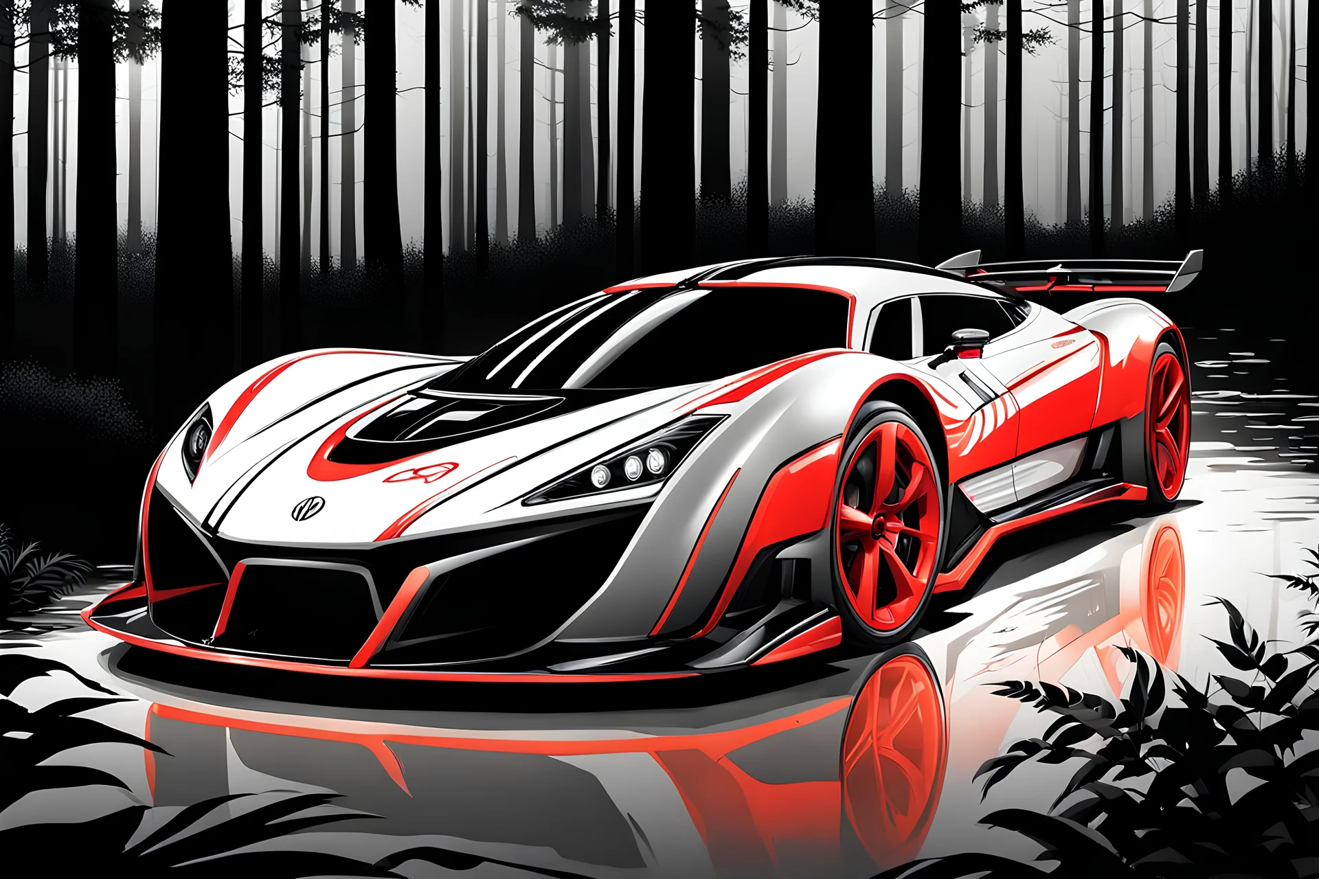 SUPER FUTURISTIC SPORT CAR, red AND BLACK MATE PAINT AND DETAILS, 2/4 VIEW ANGLE, SHINNING detail of PAINT intricate detailed extremely epic athmospheric costume and in forest hyperrealistic background full body portrait art, horrar BACKGROUND, volks wagen INFLUENCED at night blackinwhite