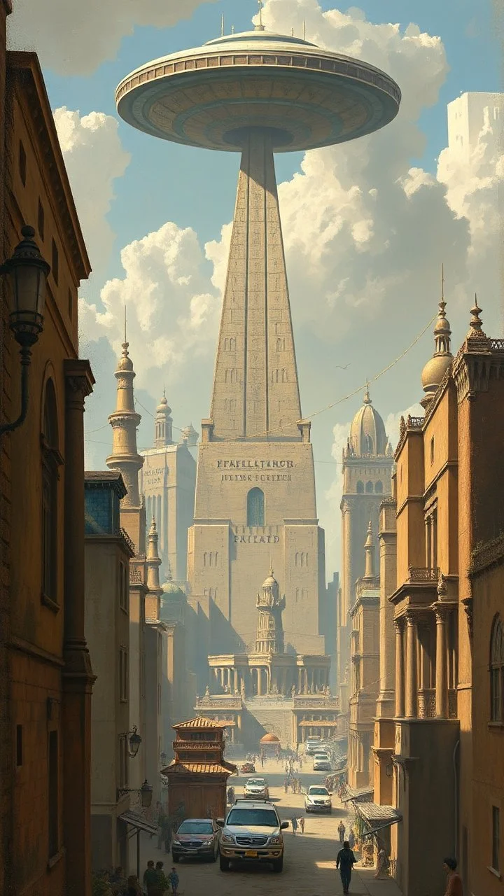 Bosch painting style building the Egyption paramounts and city buildings by giants and ufo spaceship