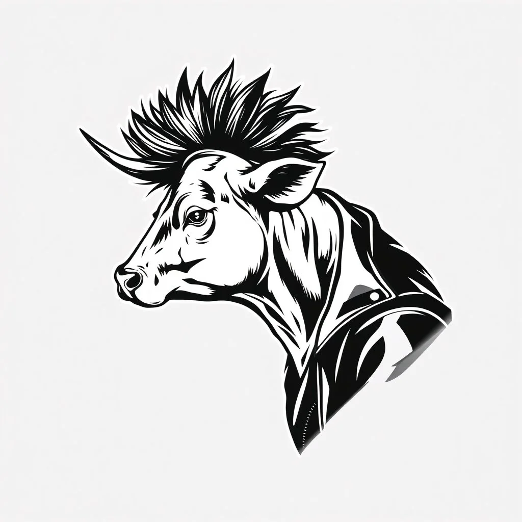 side silhouette of a punk rock cow with a mohawk wearing a leather jacket, black and white vector