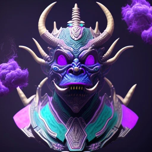 oni purple mask in galaxy, teal and purple smoke, detailed, realistic, 4k