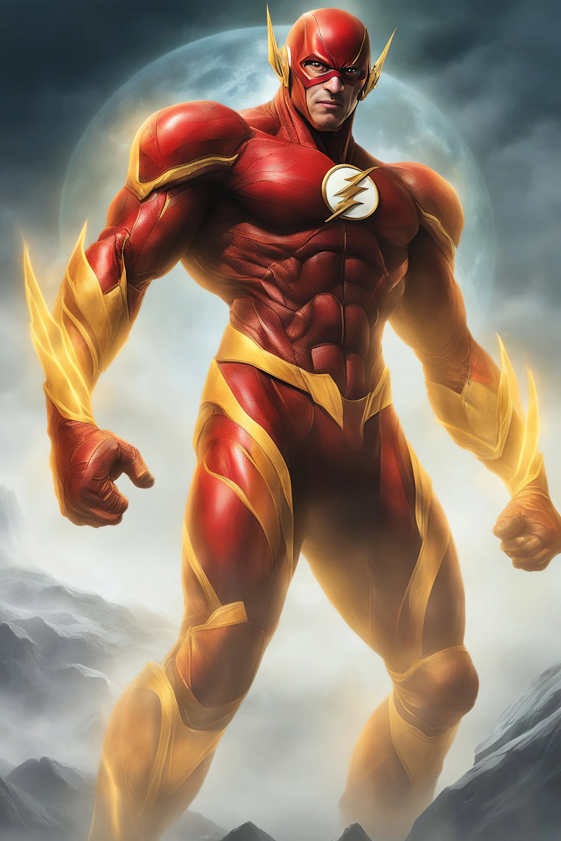full-length portrait, extremely tall, thick, extremely muscular The Flash, gold boots, gold wrist gauntlets, glowing gold piping, extremely exaggerated muscular physique, multicolored lightning, standing on the world in outer space with his fists on his hips looking forward, multicolored fog, mist, futuristic landscape
