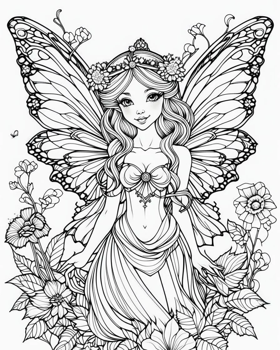 The fairy coloring page cartoon is simple, with bold precise clear lines, no color, white background.