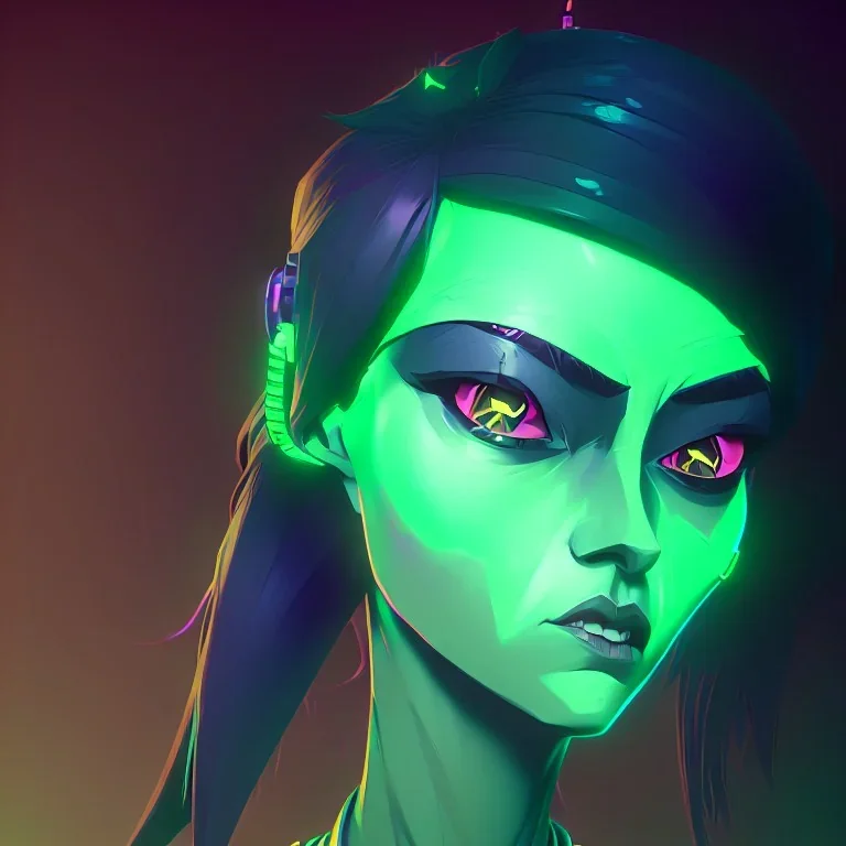 A beautiful portrait of a cute cyberpunk woman lime green color scheme, high key lighting, volumetric light high details with a lizard alien and feathers