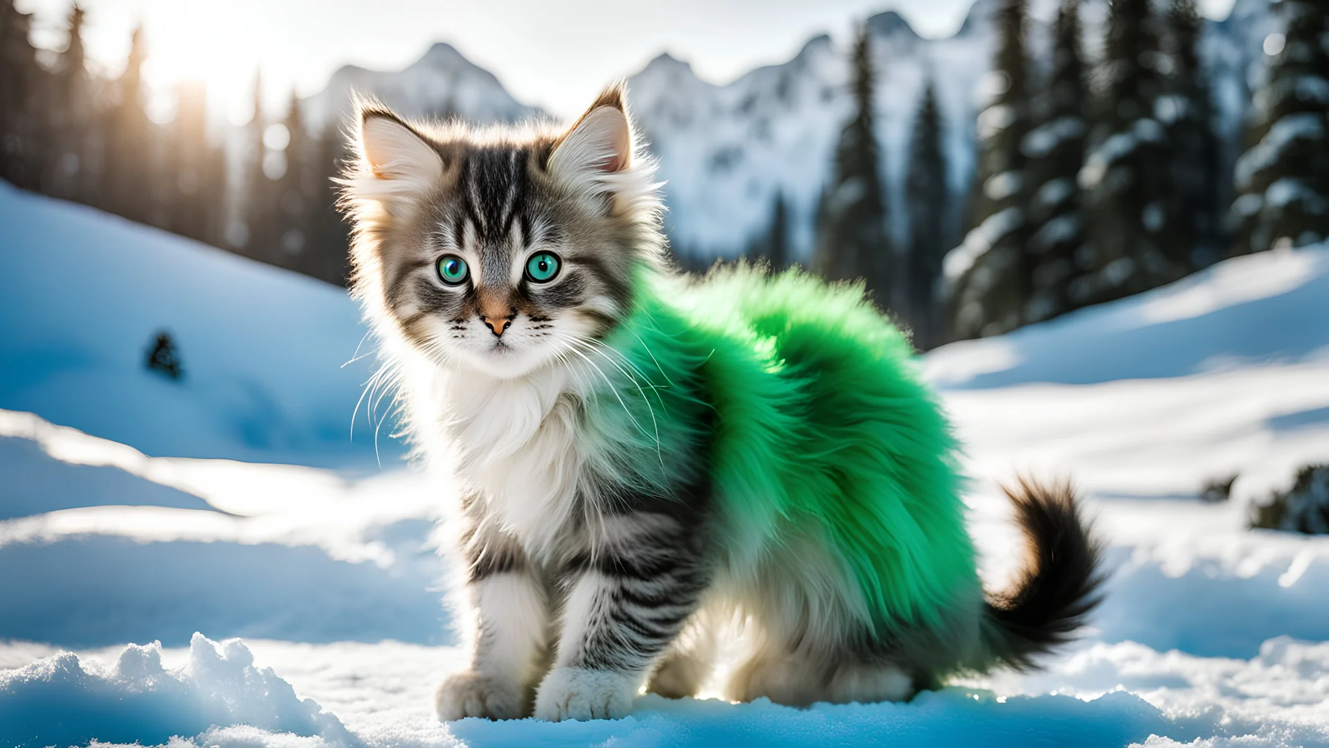 Cute maincoon kitten made of ral-glacial bright green glacial ice, go, kitten looking at the camera background is a Winterwonderland with Mountain and forest, (text on a little sign on left side says ("lucky green team")), full body, side view, happy, transparent shiny body