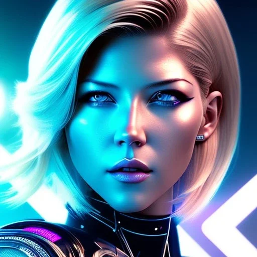 Katheryn Winnick, Cyborg anime warrior, cyberpunk, light blonde short hair, pixie hairstyle, cobalt eyes, waist up portrait, 8k resolution, retroanime, intricate details, neon details, soft lighting, vibrant colors, masterpiece, intricate eyeliner, dark eyeshadow, eyes, intricate tattoos, gradient background