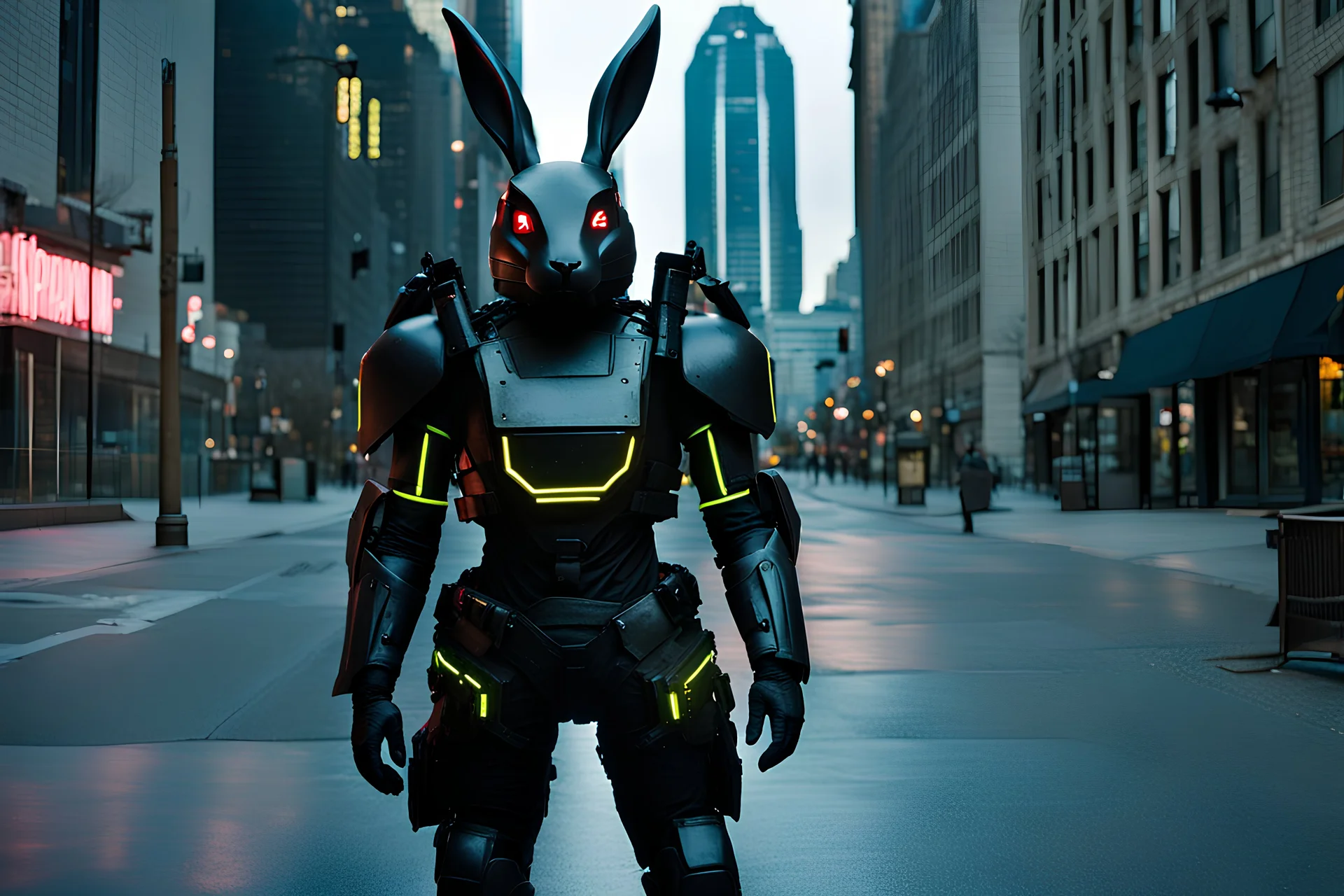 Half robot, half organic black rabbit wearing body armor. He is on the neon-soaked sidewalks of the city. Photograph.