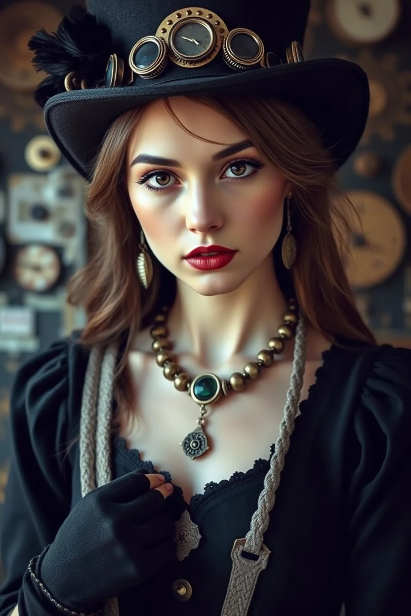 adult, woman, necklace, steampunk hat, delicate features, unique style, pale skin tone, dark eyes, dark lipstick, regal rebell-steampunk dress, dark dress, black elbow gloves, long hair, holding an mecha-cotton bag, ethno steampunk style, whimsical vibe, high detalied, realistic, cinematic, random steampunk background