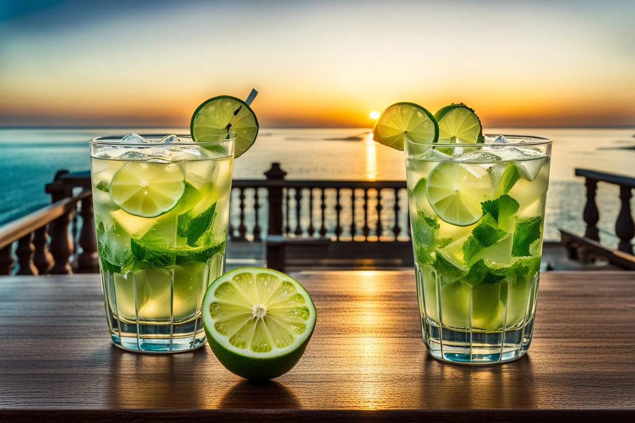 Two glasses of a mohito coctail beverage with lime are on a dining table on the balcony, overlooking a beautiful sea waterfront view. sunset, warm lights, harmonic calm mood, highly detailed, high contrast, perfect lights, masterpiece