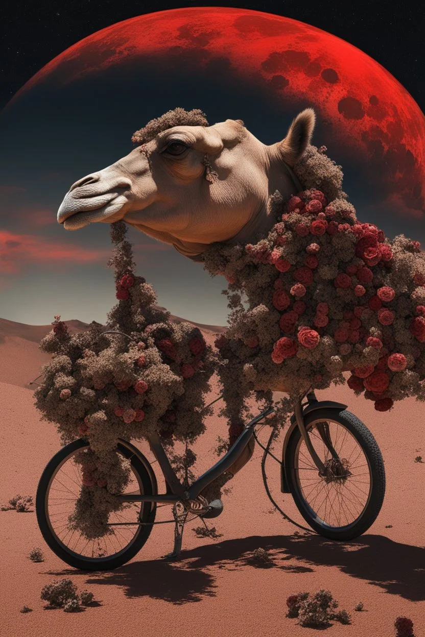 A weird abstract image of an oasis, a camel, astronot, broken bicycle, bush of black old roses, clear skies with red moon, army tanker, weird, chaos80, surrealism and objects doesn't make sense