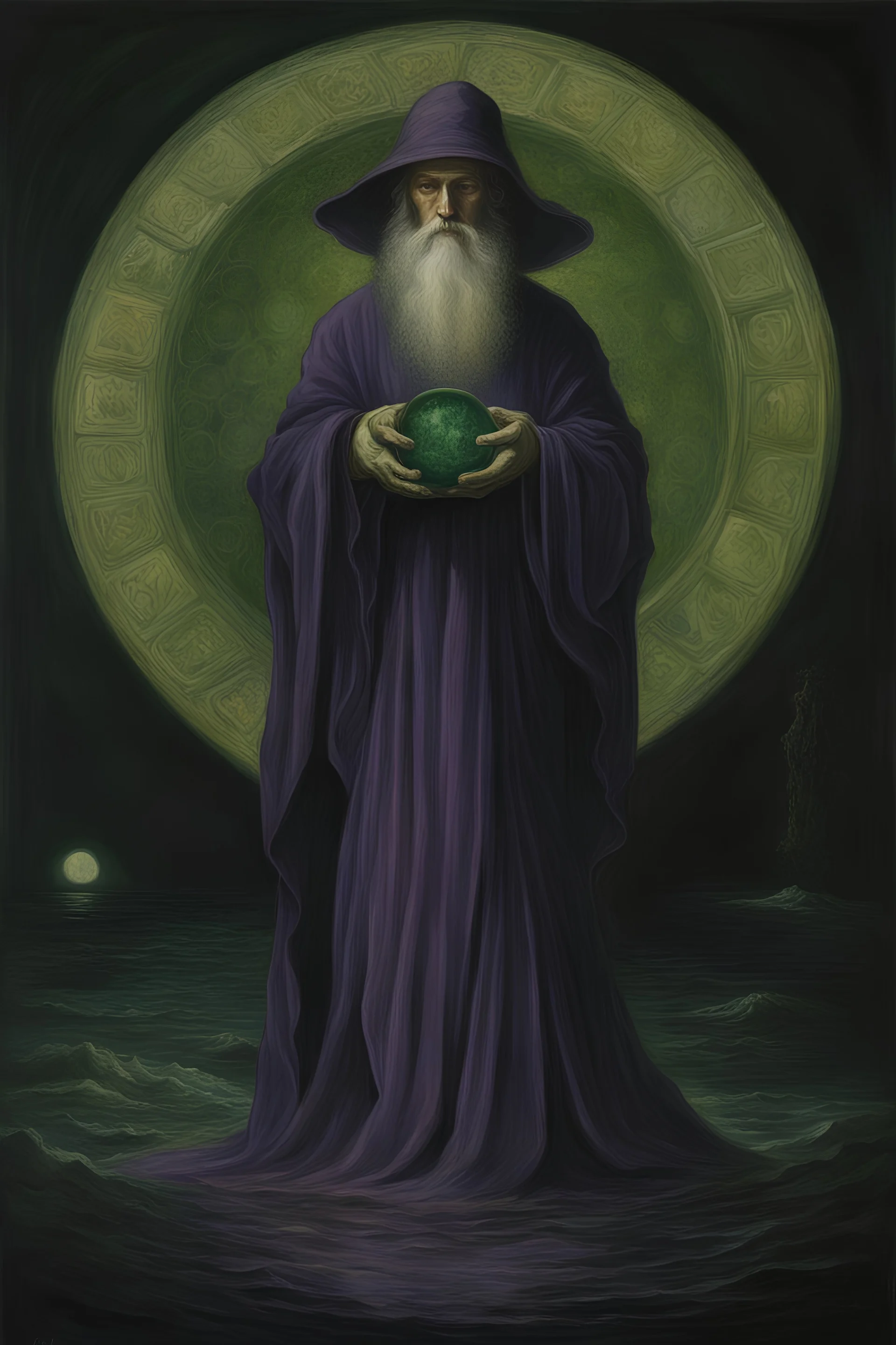 Pre-Raphaelite painting of the Dark Radioactive Wizard of the Deep, alchemical homuculus. sfumato, in the style of John Everett Millais, Sana Takeda, violet and beige Duochrome film