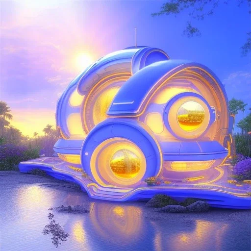 landscape of summer tropical ambient beutiful villa white gold and neon lights bright and colorful bright gloss effect of a futuristic house,like spaceship, natural round shapes concept, large transparent view of the open outdoor garden,sea beach at sunset, gold crystals,with light pink, flowers of Lotus, beutiful pools, light of sun , palmiers,cerisiers en fleurs, wisteria, sun , stars, small waterfalls