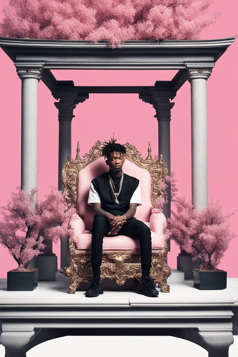 21 savage siting on a throne whilst holding a samurai sword in his left hand infront of a pink bonsia tree