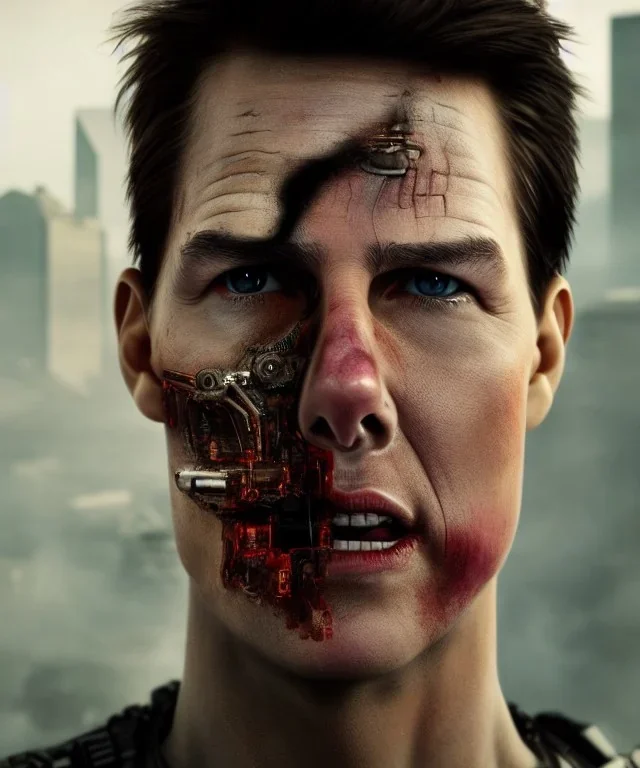 A portrait post-apocalypse cyborg Tom Cruise in a cyberpunk city, sci-fi fantasy style, 8k, volumetric lighting, particales,highly detailed,cinematic, deep scars on face,deep colours.