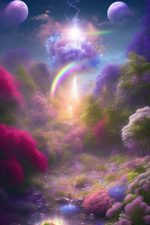 digital illustration, a world full of life divine thrill of biological tranquil sky, flowers, bright color splashes, high detailed 8 k,ufo rainbow