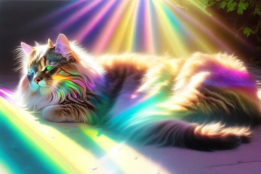 cute lifelike maine coon cat lying in holographic rainbow sunshine