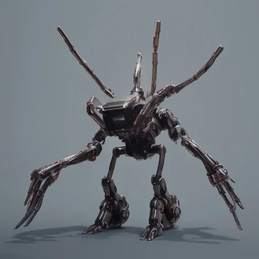 Mecha with metal spider legs his hands are machine guns.