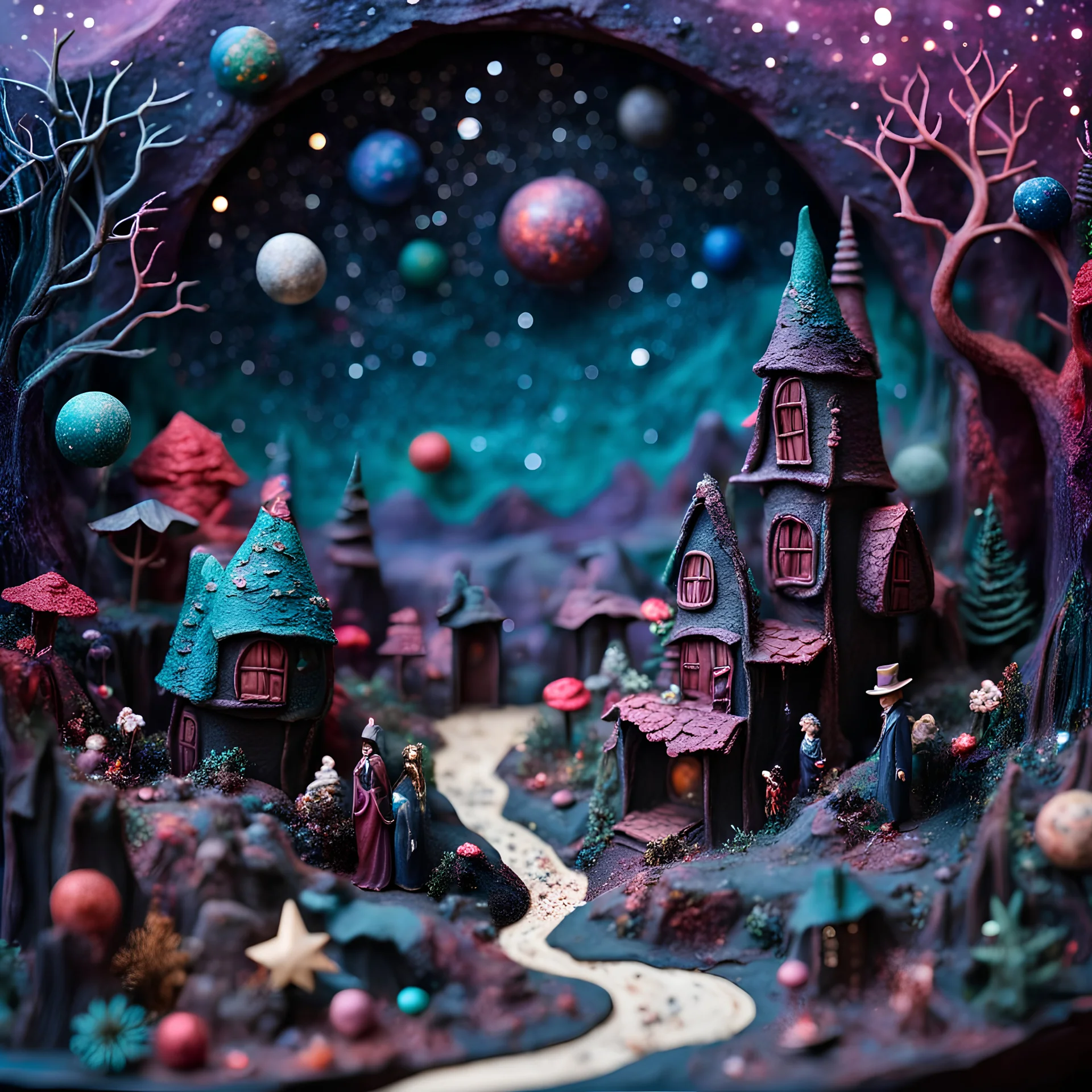 Detailed creepy landscape made of modeling clay, people, village, stars and planets, naïve, Tim Burton, strong texture, extreme detail, Max Ernst, decal, rich moody colors, sparkles, bokeh