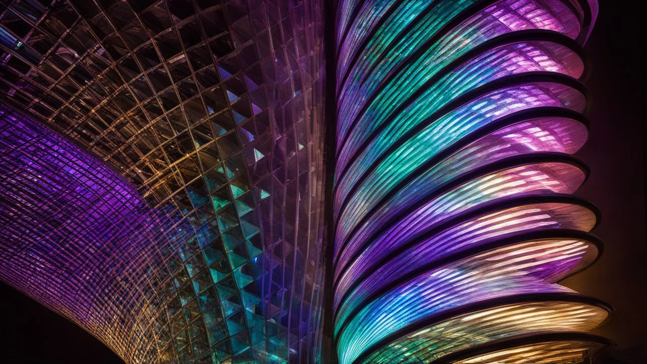 94614, delightful, sensitive, confident, iridescent double helix tower, delicate, nocturnal, architecture, award-winning photograph, beautiful composition, filled with beautiful detail, delicate colour, chiaroscuro