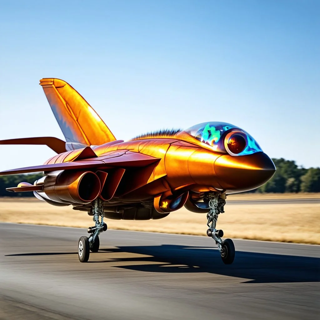 award winning photograph of a house-fly fighter-jet genetic-splice designed by only one vehicle per image painted metallic orange traveling at a high rate of speed, jet intake off of front center of vehicle and jet exhaust out the rear with bright blue flames painted on the hood and front quarter panels, bilaterally symetrical, more a high speed road vehicle