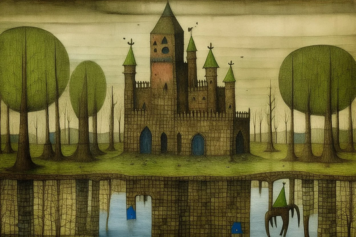 An abandoned old castle surrounded with swamp monsters painted by Paul Klee