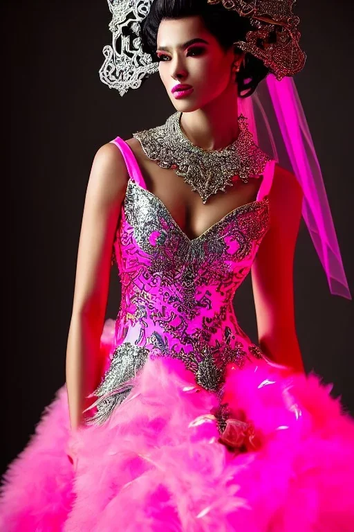 Portrait cyberpunk bride in skin-tight ornate neon pink dress with silver filigree, full body shot, full-color long shot