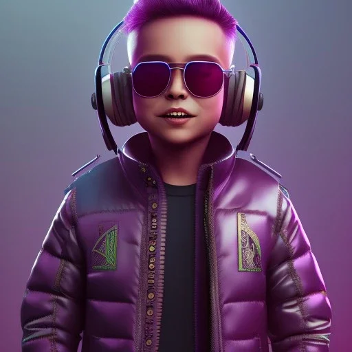 stylized Rabbit toddler, smiling, cyberpunk headphone, sunglass, gangsta neckless, full body, magenta puffer jacket, manila city background, dramatic lighting, hyper realistic, unreal engine 5, 16k