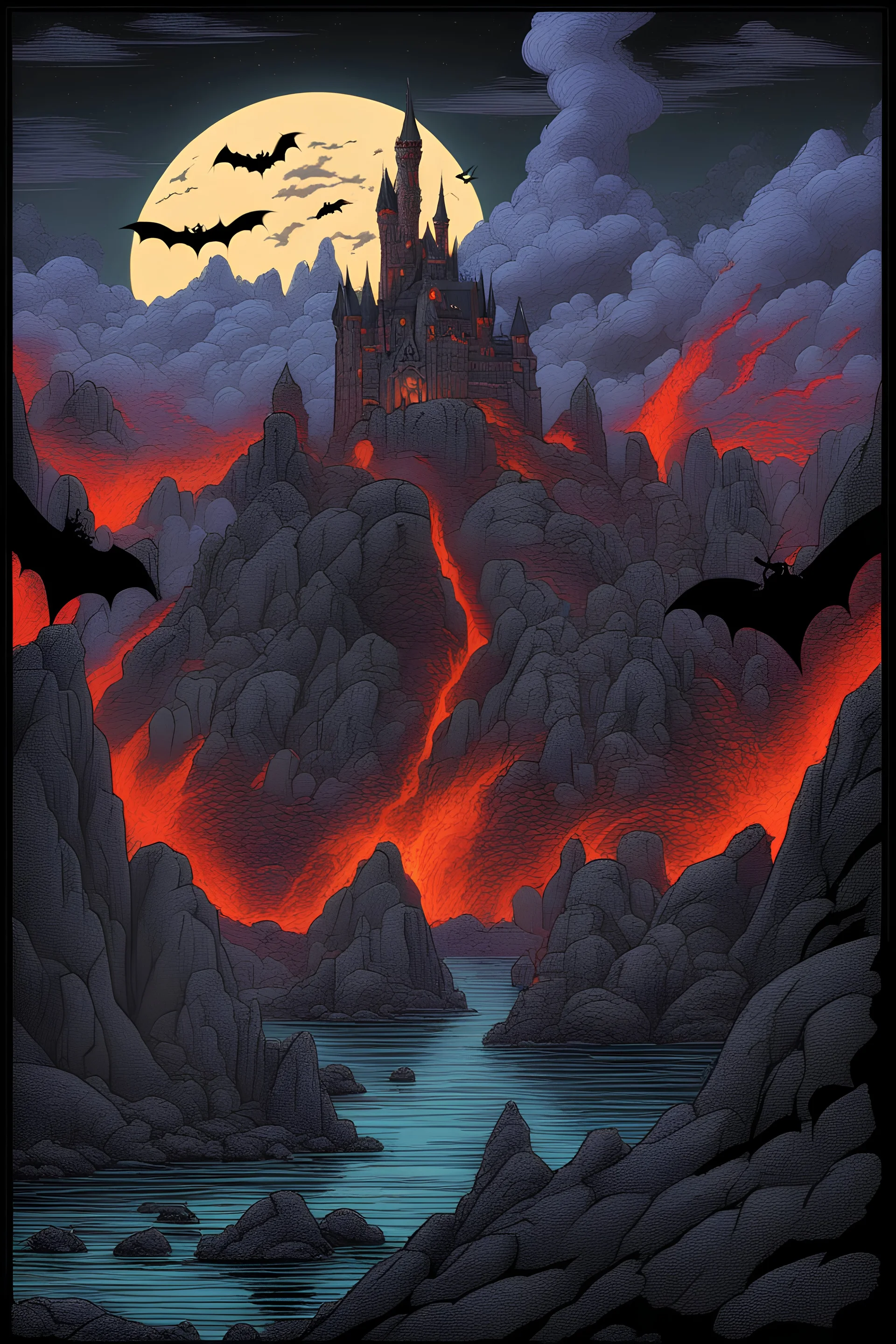 fire, lightning, wind, rain, volcanic lava, fireworks, explosions, multicolored neon lights, Count Dracula with red eyes and sharp fangs, craggy trees, giant boulders, dust, smoke, fog, clouds, bubbles, Neuschwanstein, Mont Saint-Michel, giant bats, giant gargoyles, Ogers, Dragons, Bigfoot, Frankenstein, Wolfman, the mummy, Giant Pee Wee Herman monster, an albino cat, snow white zombie