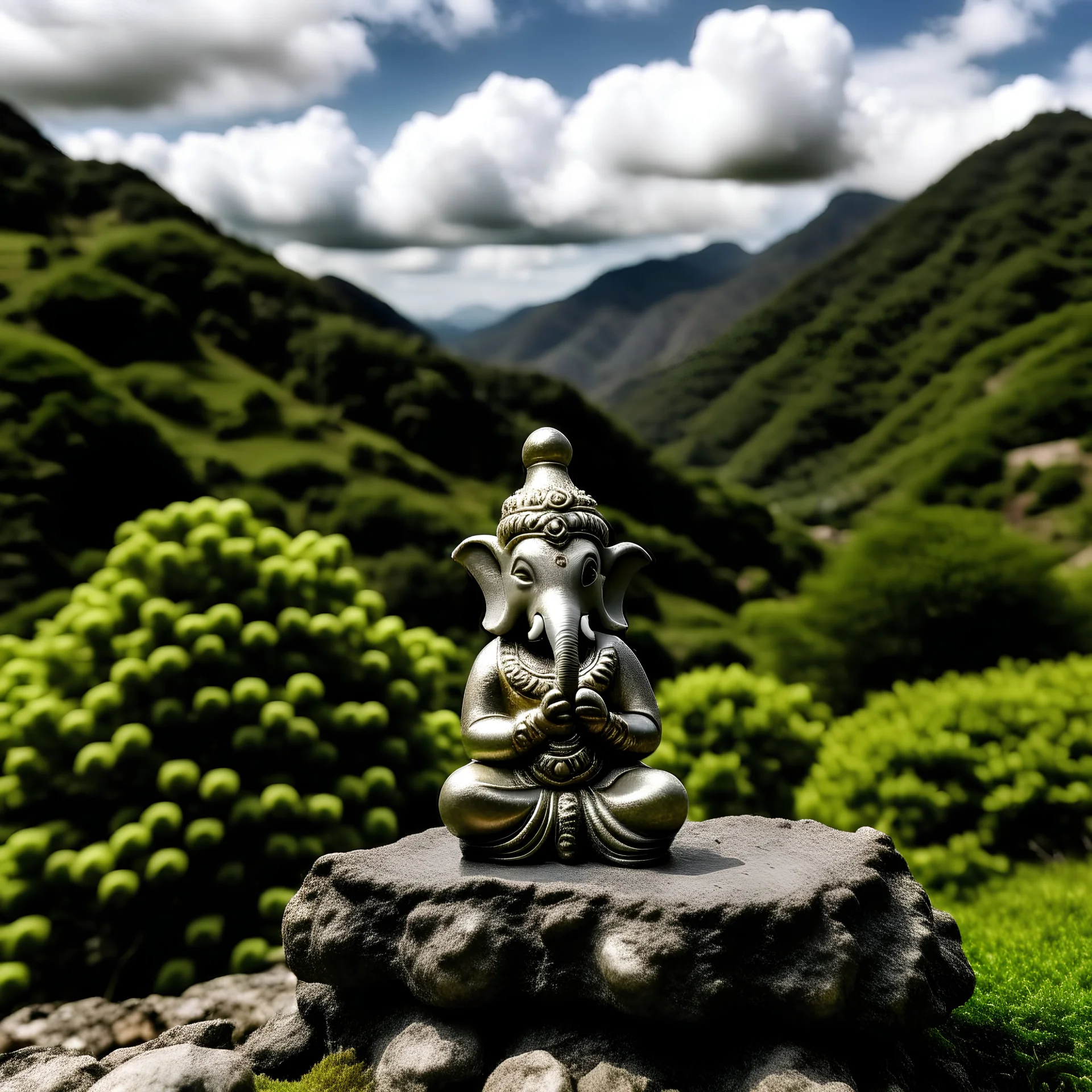 Front shot, A beautiful, gentle, Feel like real a ganesh,Background of the mountain,ultra quality, small littal gord ganesh.