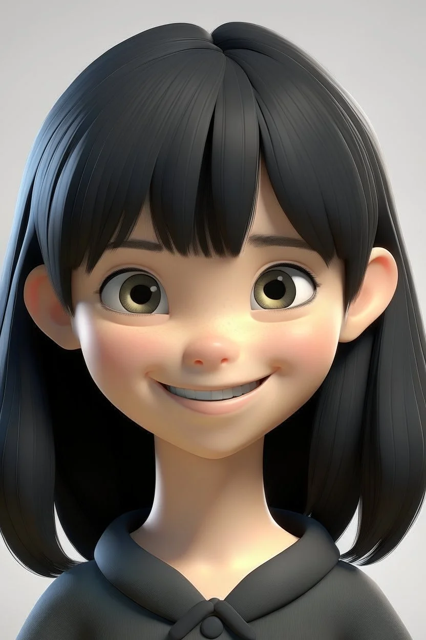 3D Cute girl smiley with medium black hair with bangs