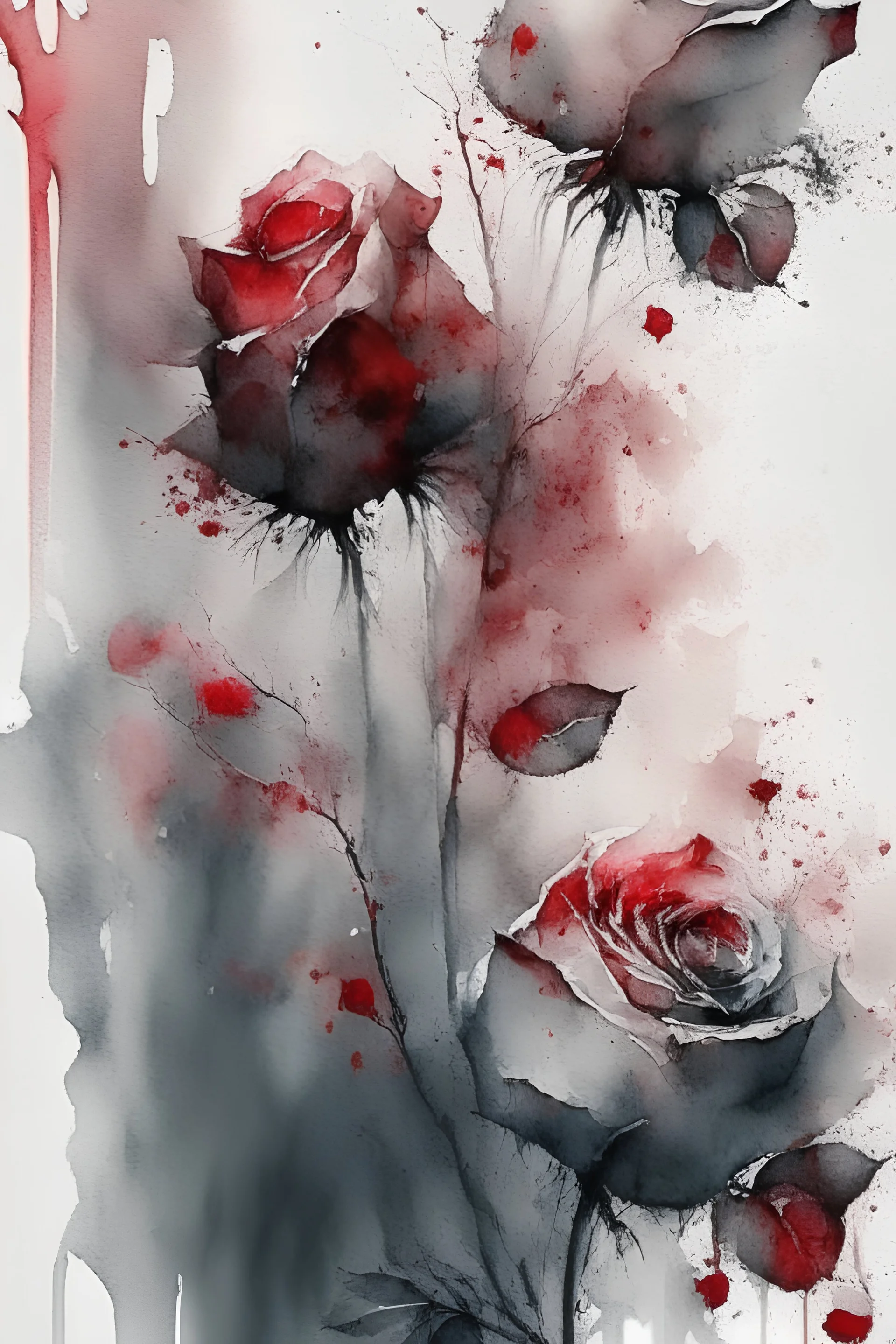 Abstract wet watercolour, grey red roses