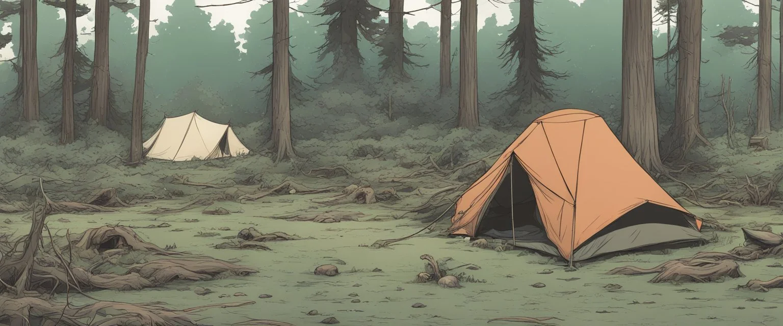 campsite, tents, overgrown, post-apocalyptic, comic book, forest