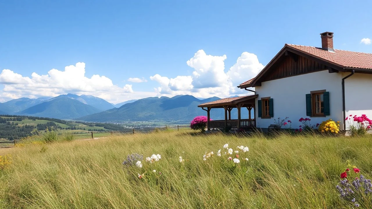 pretty moder villa wide grass yard in country side nice flowers in sides,nice blue mountains at distant,white cloudes in blue sky