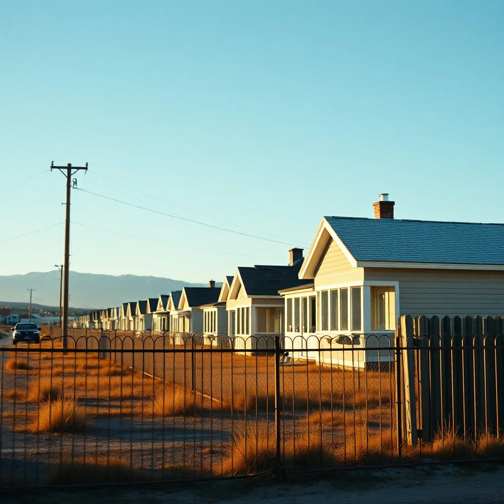 Photorealistic style, wasteland, Truman show, noon-light, movie shot, details, high contrasts, fence, powder, aluminum, row of houses