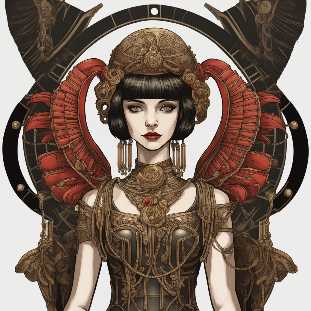 Full Body, Art Nouveau Woman With A Bob With A Fringe Hairstyle, Cleopatra Clothing, Steampunk Metal moth with red wings, Black Background