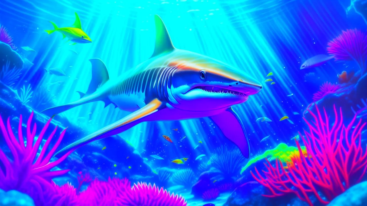 Comic style, realistic coloring, underwater, coral reef, shark