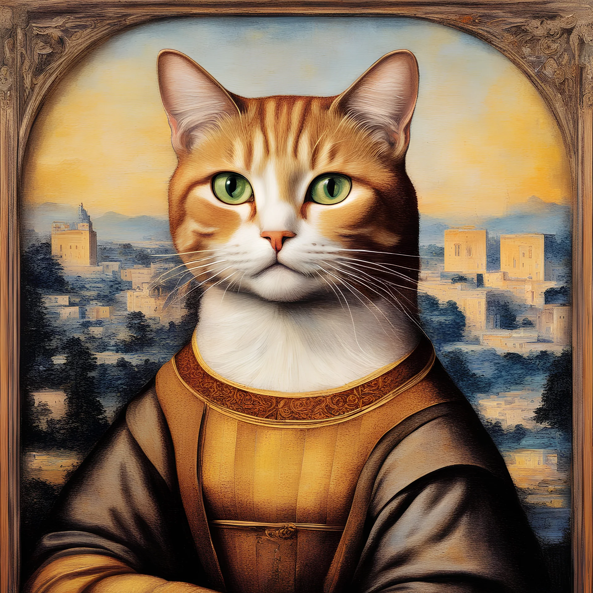 paint cat into a unique masterpiece in the likeness of the Mona Lisa featuring her enigmatic smile on the cat by artist Leonardo DaVinci. The cat is to. look like the Mona Lisa in this interpretation. Utilise crayons as the medium, capture the essence of DaVinci's iconic style.