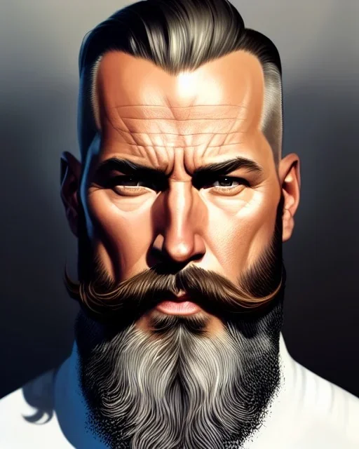 "MIddle aged white human male, with a trimmed but uneven beard, piercing eyes with slick back hair, full-scale head and shoulders portrait, 8k resolution concept art portrait by Greg Rutkowski, Artgerm, WLOP, Alphonse Mucha dynamic lighting hyperdetailed intricately detailed Splash art trending on Artstation triadic colors Unreal Engine 5 volumetric lighting Splash art fantasy"