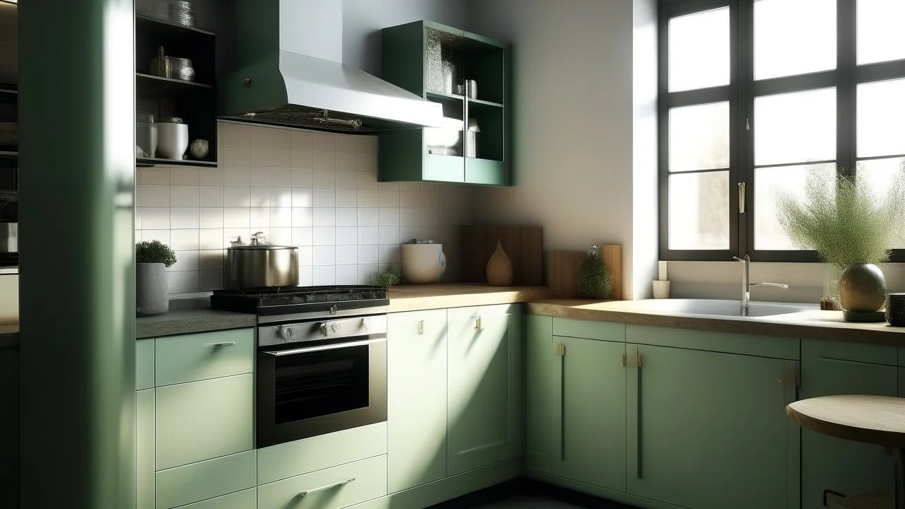 kitchen with celadon green furniture, on the left side by the window from the bottom up, a microwave and an oven installed in the furniture, and on the right side and next to it an induction hob and a cooker hood above it, on the right side there is a sink and a dishwasher underneath it